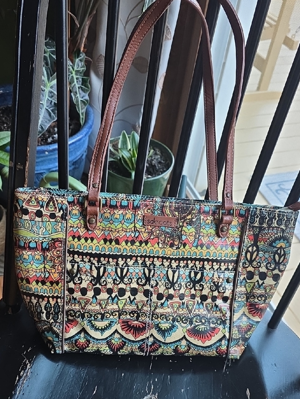 Sakroots Colorful Tribal Print Peace Tote with Brown Straps